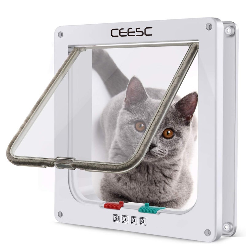 CEESC Cat Flap Door Magnetic Pet Door with 4 Way Lock for Cats, Kitties and Kittens, 3 Sizes and 2 Colors Options (M- Inner Size: 6.18"(W) x 6.30"(H), White) - Image 1